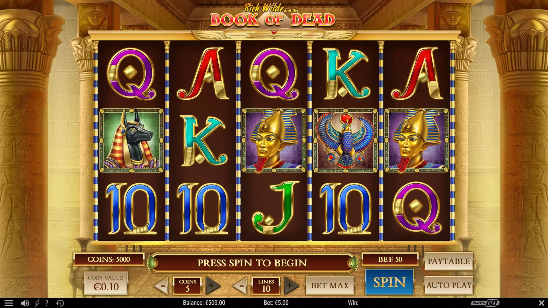 Book of Dead slot main game screen